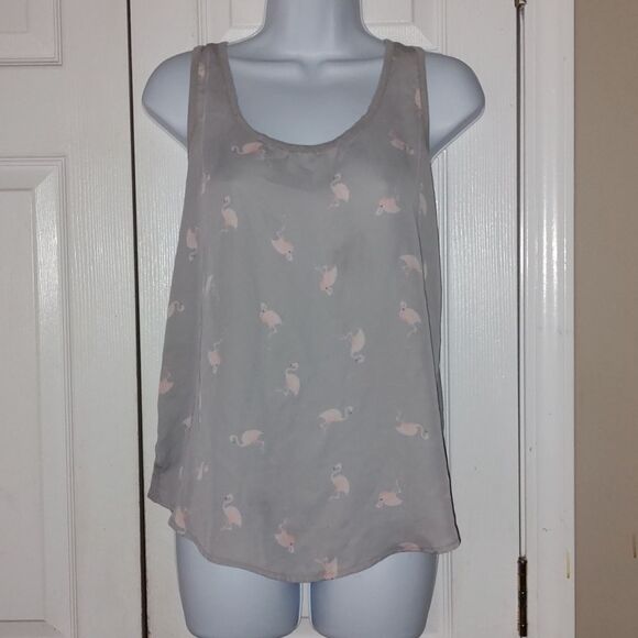 LC Lauren Conrad gray sheer front flamingo top  Sz M - Picture 1 of 4